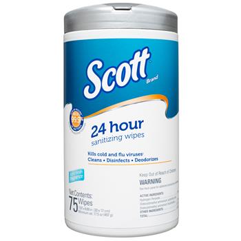 Scott 24 Hour Sanitizing Wipes, Canister, White, 75 Wipes/Canister