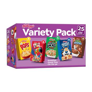 Kellogg&#39;s Cold Breakfast Cereal, Variety Pack, 26.97 oz, 25/Case
