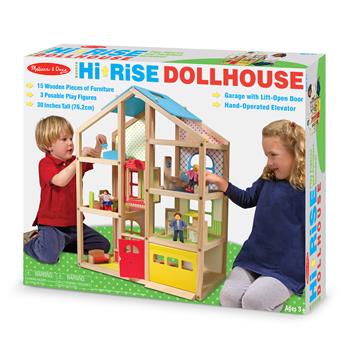 Melissa &amp; Doug Wooden Hi-Rise Dollhouse With 15 Furniture Pieces
