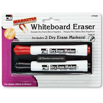 Charles Leonard, Inc. Magnetic Whiteboard Eraser, includes Two Markers, Red/Black, 1/Cd