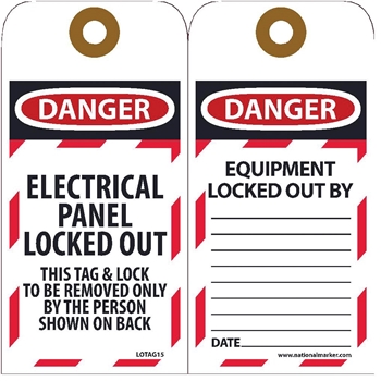 NMC Lockout Tags, Electrical Panel Locked-Out, Unrippable Vinyl, 6&#39;&#39; x 3&#39;&#39;, 10/PK