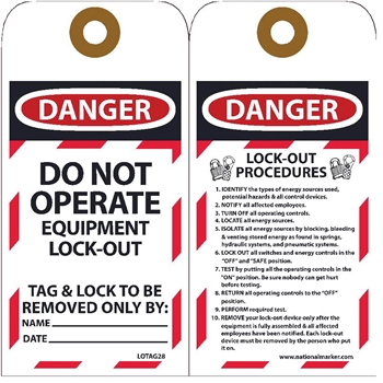 NMC Lockout Tags, Do Not Operate Equipment Lock-Out, Unrippable Vinyl, 6&#39;&#39; x 3&#39;&#39;, 25/PK
