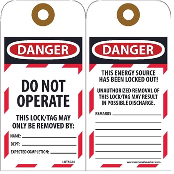NMC Lockout Tags, Danger Do Not Operate, Unrippable Vinyl, 6&#39;&#39; x 3&#39;&#39;, 25/PK