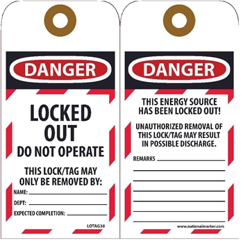 NMC Lockout Tags, Danger Locked Out Do Not Operate, Unrippable Vinyl, 6&#39;&#39; x 3&#39;&#39;, 25/PK