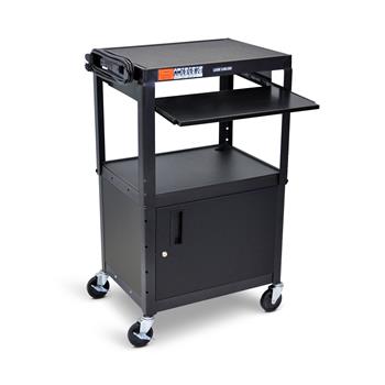 Luxor Adjustable-Height AV Cart With Keyboard Tray And Cabinet, Steel, Black, 24&quot;W x 18&quot;L x 42&quot;H