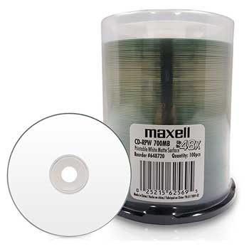 Maxell CD-R Discs, 700MB/80 min, 48x, Spindle, Printable Matte White, 100/Pack