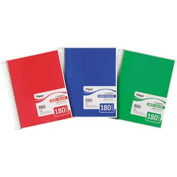 Mead 5 subject Wirebound Spiral Notebook, Wide Ruled, 8&quot; x 10&quot;, White Paper, Assorted Colors, 180 Sheets