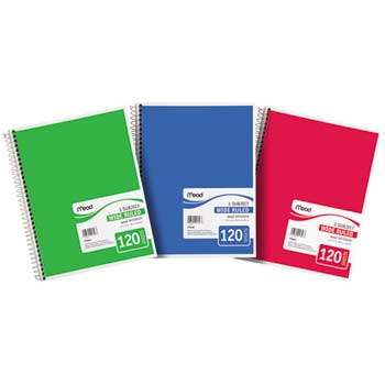 Mead Spiral Wirebound Notebook, Wide Ruled, 8&quot; x 10.5&quot;, White Paper, Assorted Covers, 120 Sheets