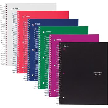 Five Star&#174; Wirebound Notebook, 5 Subjects, Wide/Legal Rule, Randomly Assorted Color Covers, 10.5 x 8, 200 Sheets