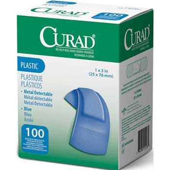 Medline Curad Adhesive Blue Plastic Bandage, 1&quot; x 3&quot;, Metal Detectable, 100/BX