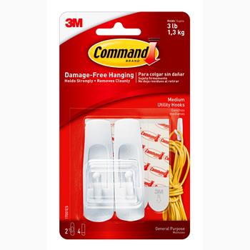 Command™ Medium Hooks, White, 2 Hooks and 4 Strips/Pack