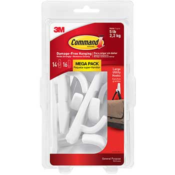 Command™ General Purpose Hooks, 5lb Capacity, Plastic, White, 14 Hooks, 16 Strips/Pack