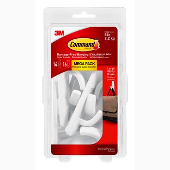 Command™ Large Utility Hook Mega Pack, White, 14 Hooks and 16 Strips/Pack