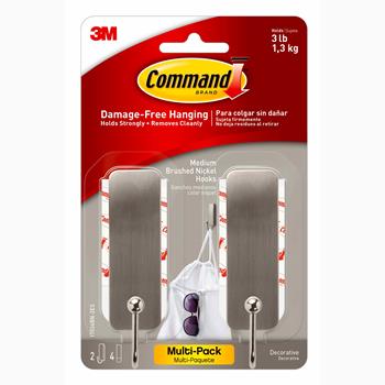 Command Medium Brushed Nickel Hook, 2 Hooks and 4 Strips/Pack