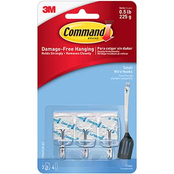 Command™ Clear Hooks &amp; Strips, Plastic/Wire, Small, 3 Hooks &amp; 4 Strips/Pack
