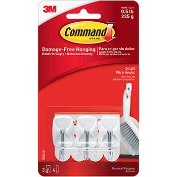 Command™ General Purpose Hooks, Small, Holds 1lb, White, 3 Hooks &amp; 6 Strips/Pack