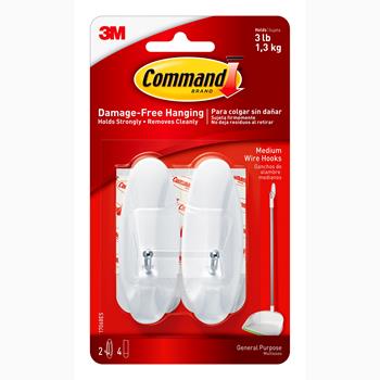 Command Medium Wire Hooks, White, 2 Hooks and 4 Strips/Pack