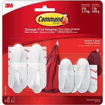 Command General Purpose Hooks Small/Medium, 3lb Cap, White, 4 Hooks &amp; 8 Strips/Pack