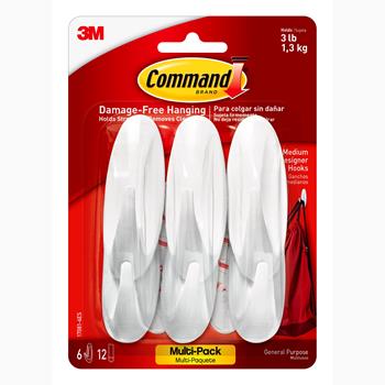 Command Medium Designer Hooks Value Pack, White, 6 Hooks and 12 Strips/Pack