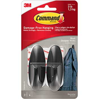 Command Designer Hooks, Plastic, Black, 2 Hooks &amp; 4 Strips/Pack