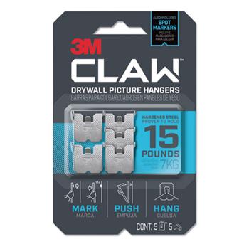 3M Claw Drywall Picture Hanger, Holds 15 lbs, Stainless Steel, 5/PK