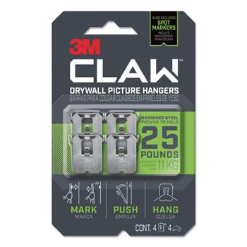 3M Claw Drywall Picture Hanger, Holds 25 lbs, Stainless Steel, 4/PK