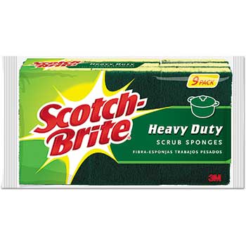 3M Scotch-Brite Heavy-Duty Scrub Sponge, 4 1/2&quot; x 2 7/10&quot;, 3/5&quot; Thick, Yellow/Green, 5/CT