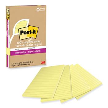 Post-it 100% Recycled Super Sticky Notes, Ruled, 4&quot; x 6&quot;, Canary Yellow, 45 Sheets/Pad, 4 Pads/Pack