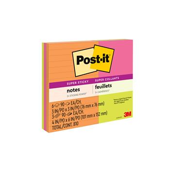 Post-it&#174; Super Sticky Notes, Assorted Sizes, Energy Boost Collection, Lined and Unlined, 90 Sheets/Pad, 9 Pads/Pack