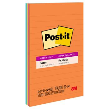 Post-it&#174; Super Sticky Notes, 5 in x 8 in, Energy Boost Collection, Lined, 4/Pack