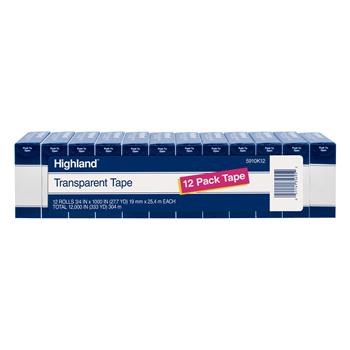 Highland™ Transparent Tape, 3/4 in x 1000 in, 12 Boxes/Pack