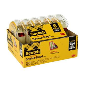 Scotch Double Sided Tape, 1/2 in x 500 in, 6 Dispensers/Pack