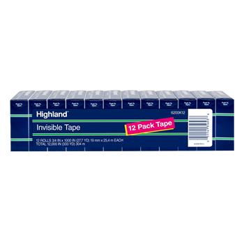 Highland Invisible Tape, 3/4 in x 1000 in, 12 Boxes/Pack