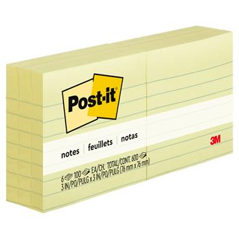 Post-it Notes, 3 in x 3 in, Canary Yellow, Lined, 6 Pads/Pack