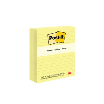 Post-it&#174; Notes, 3 in x 5 in, Canary Yellow, Lined, 12 Pads/Pack