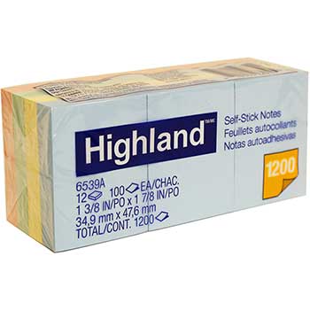 Highland Self-Stick Notes, 1 3/8&quot; x 1 7/8&quot;, 100 Sheets, Assorted, 12/PK