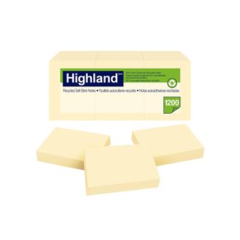 Highland™ Recycled Self-Stick Notes, 1 3/8 x 1 7/8, Yellow, 100 Sheets/Pad, 12 Pads/Pack
