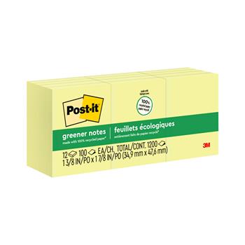 Post-it Greener Notes, 1-3/8 in x 1-7/8 in, Canary Yellow, 12 Pads/Pack