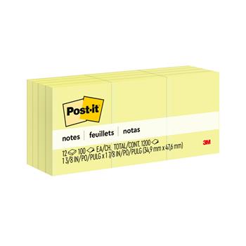 Post-it&#174; Notes, 1-3/8 in x 1-7/8 in, Canary Yellow, 12 Pads/Pack