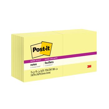Post-it&#174; Super Sticky Notes, 3 in x 3 in, Canary Yellow, 12 Pads/Pack