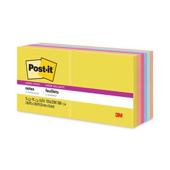 Post-it Note Pads in Summer Joy Collection Colors, 3&quot; x 3&quot;, 90 Sheets/Pad, 12 Pads/Pack