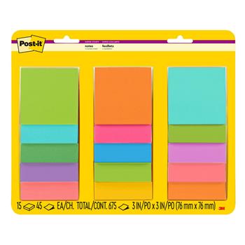 Post-it Super Sticky Notes, 3 in x 3 in, Supernova Neons and Energy Boost Collections, 45 Sheets/Pad, 15 Pads/Pack