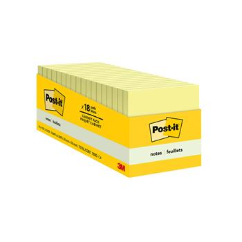 Post-it&#174; Notes, 3 in x 3 in, Canary Yellow, 18 Pads/Cabinet Pack