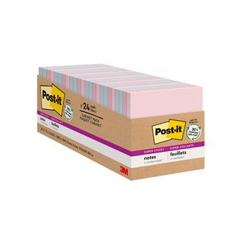 Post-it Recycled Super Sticky Notes, 3 in x 3 in, Wanderlust Pastels Collection, 24 Pads/Pack