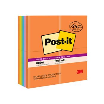 Post-it Super Sticky Notes, 3 in x 3 in, Energy Boost Collection, 90 Sheets/Pad, 24 Pads/Pack