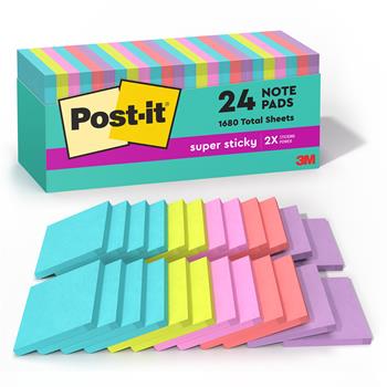Post-it Super Sticky Notes, 3 in x 3 in, Supernova Neons Collection, 70 Sheets/Pad, 24 Pads/Pack