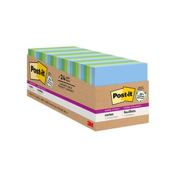 Post-it&#174; Recycled Super Sticky Notes, 3 in x 3 in, Oasis Collection, 24 Pads/Pack