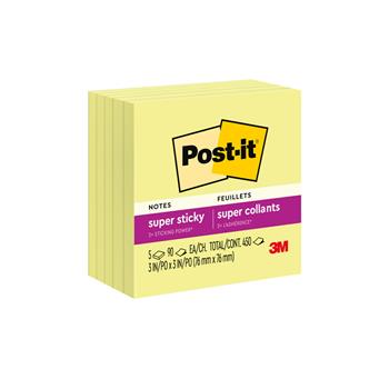 Post-it Super Sticky Notes, 3 in x 3 in, Canary Yellow, 5 Pads/Pack