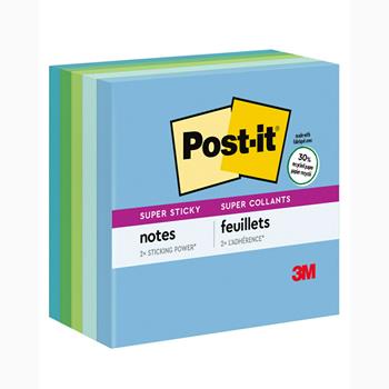 Post-it&#174; Recycled Super Sticky Notes, 3 in x 3 in, Oasis Collection, 90 Sheets/Pad, 5/Pack