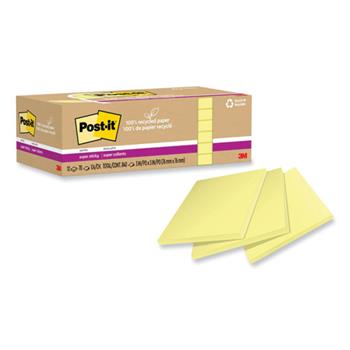 Post-it 100% Recycled Super Sticky Notes, 3&quot; x 3&quot;, Canary Yelow, 70 Sheets/Pad, 12 Pads/Pack